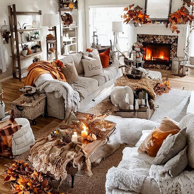 A cozy and inviting autumn-themed living room