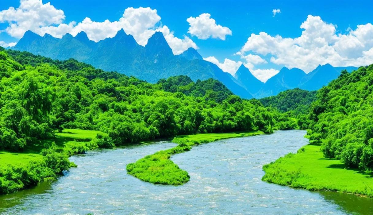A serene and beautiful landscape featuring a majestic mountain range in the background