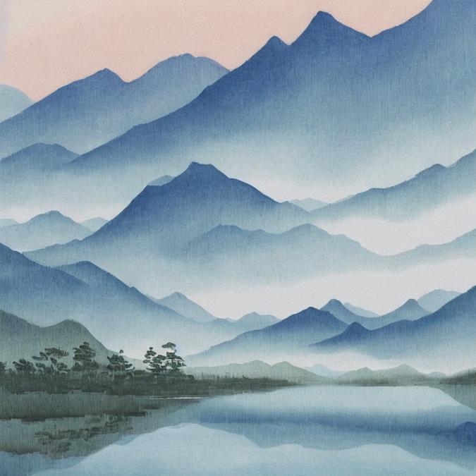 A serene landscape painting of a misty mountain range