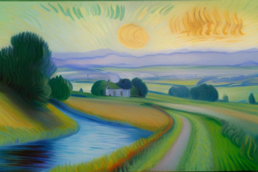 A serene landscape painting of a peaceful countryside at sunset