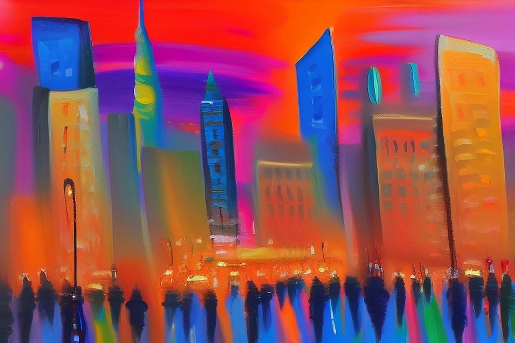 A vibrant and colorful abstract painting of a bustling cityscape at sunset