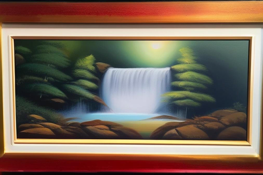 A breathtaking landscape painting featuring a tranquil waterfall nestled in a lush forest