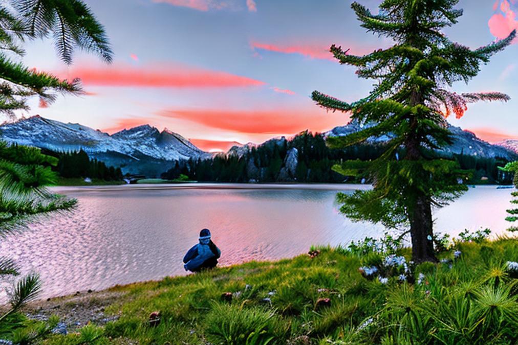 A serene and breathtaking landscape of a peaceful mountain range at sunrise