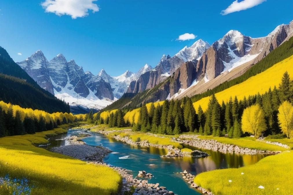 A serene and picturesque landscape of a peaceful mountain valley