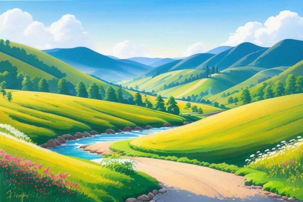 A serene landscape painting of a peaceful countryside